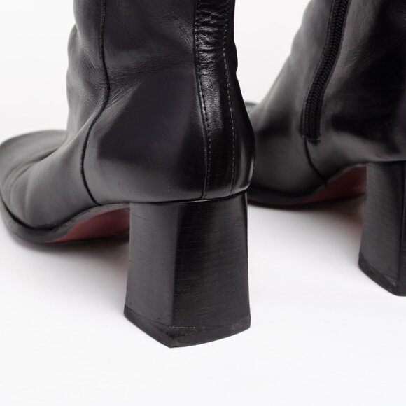 US 8.5 Women's Vintage 90s Black Leather Square Toe Chunky Heel Ankle Boots - Picture 6 of 7